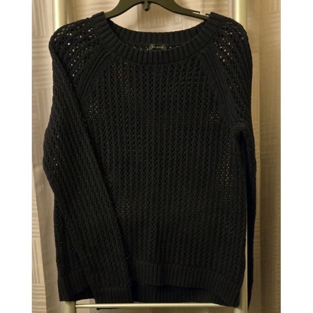 Talbots Crochet Style Cotton Sweater Navy‎ Blue size Medium Long Sleeves